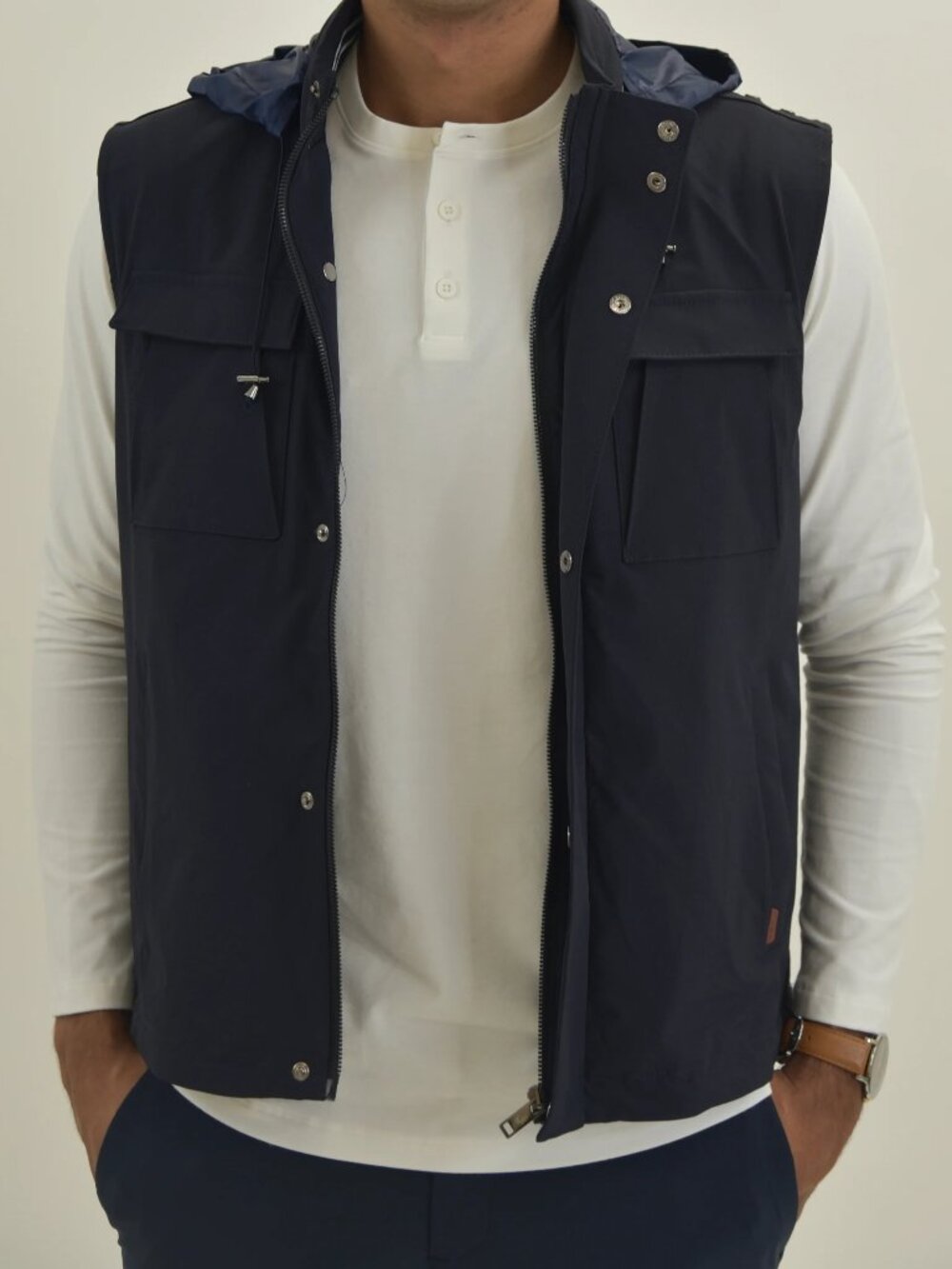 Jakamen Navy Nylon Hooded Vest With Chest Pockets
